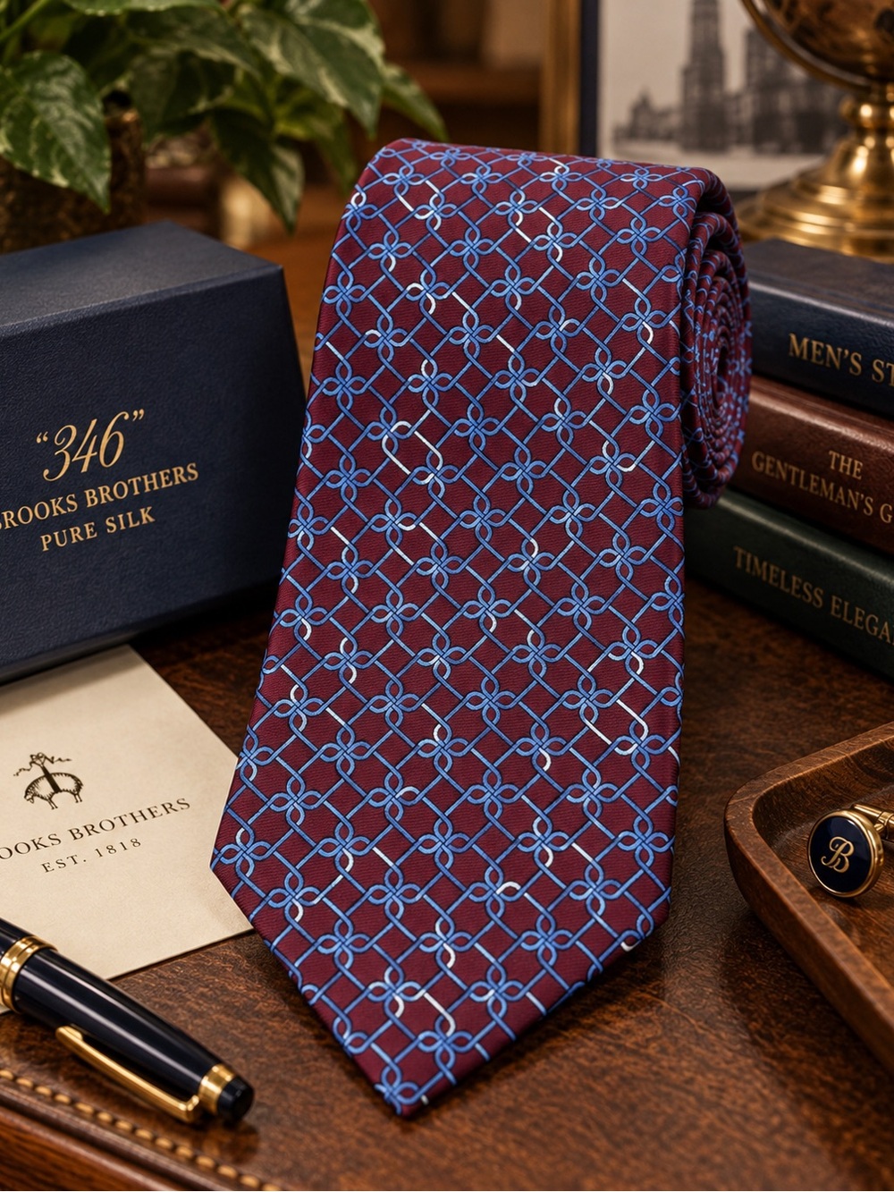 Brooks Brothers Burgundy Silk Tie with Light Blue Geometric Chain Motif